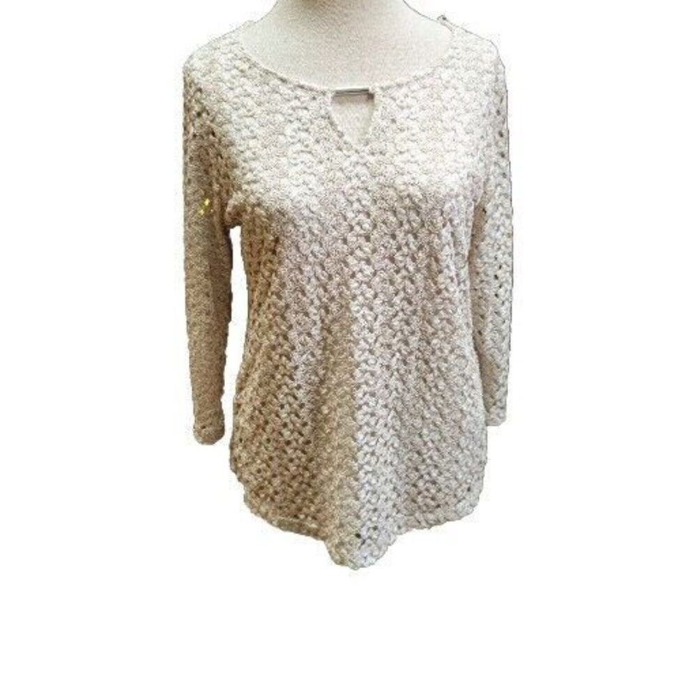 JM Collection Beige Tunic Top Size M Crochet Lace Overlay Blouse Gold